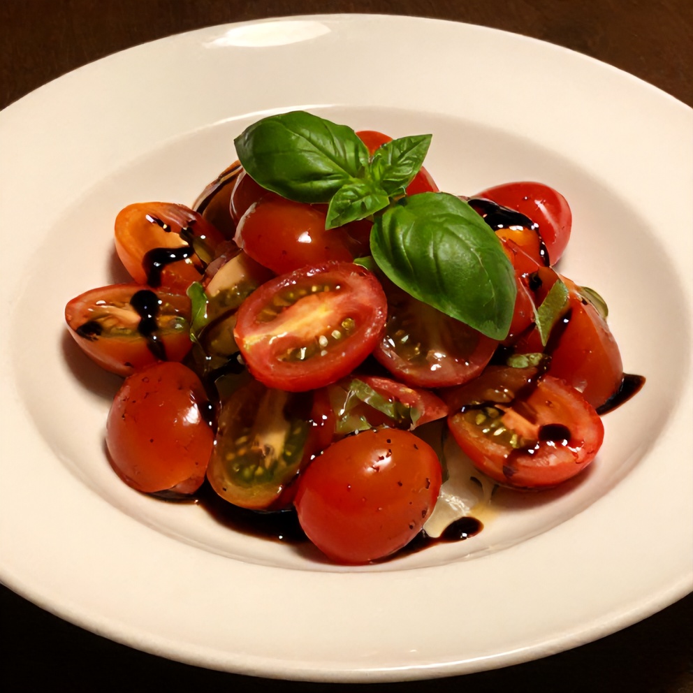 Plated serving of easy cherry tomato salad with fresh basil and balsamic glaze
