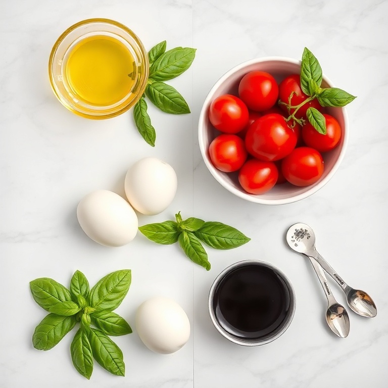 Raw ingredients for easy cherry tomato salad on a white marble surface