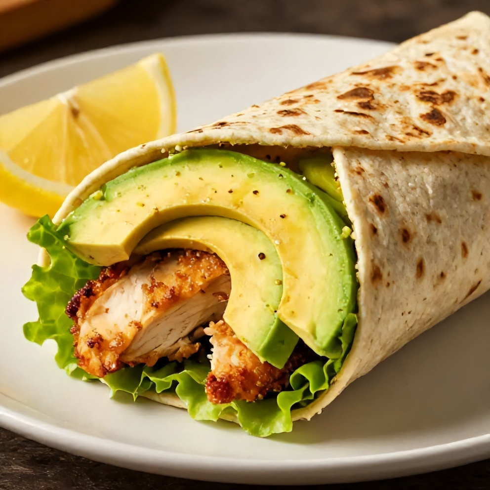 Chicken avocado wrap on a white plate with a lemon wedge