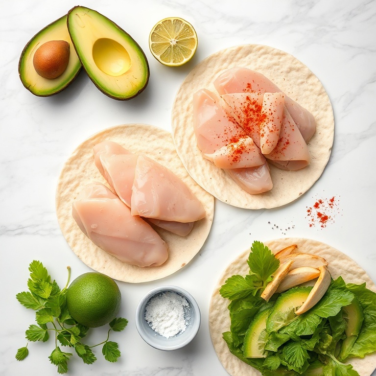 Raw ingredients for chicken avocado wrap on a white marble surface