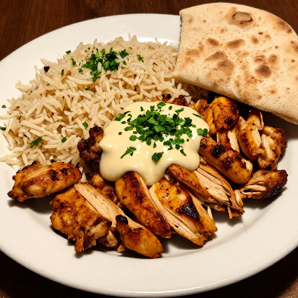 Plated chicken shawarma with a side of rice