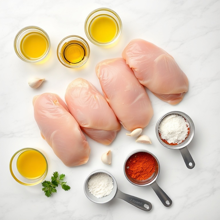 Raw ingredients for chicken shawarma on a marble surface
