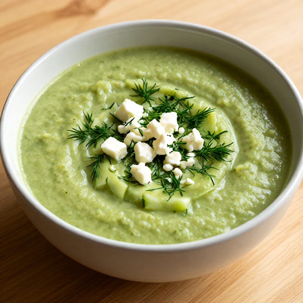 Bowls of Chilled Cucumber Avocado Soup with Dill Garnish