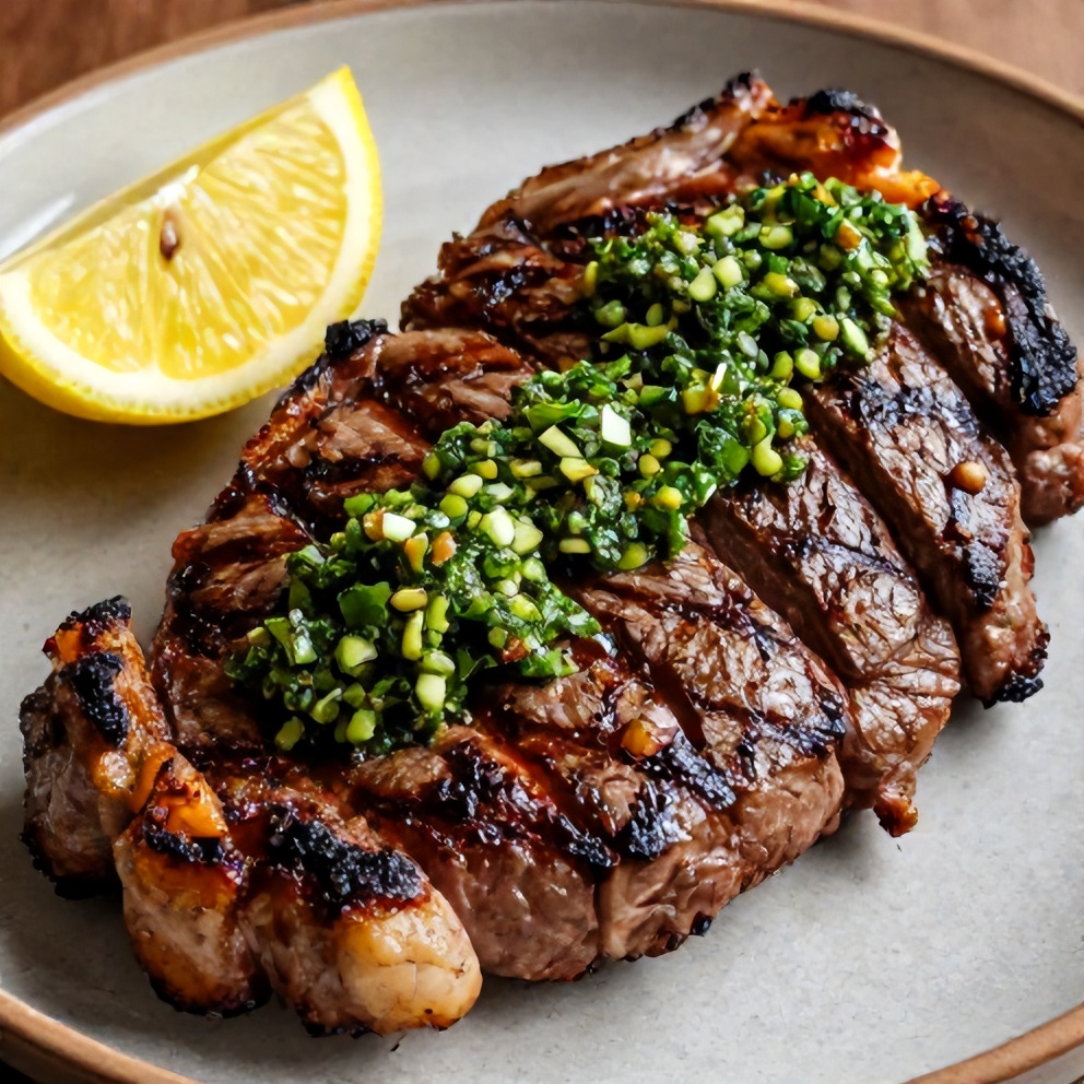 Grilled steak with chimichurri sauce and a lemon wedge