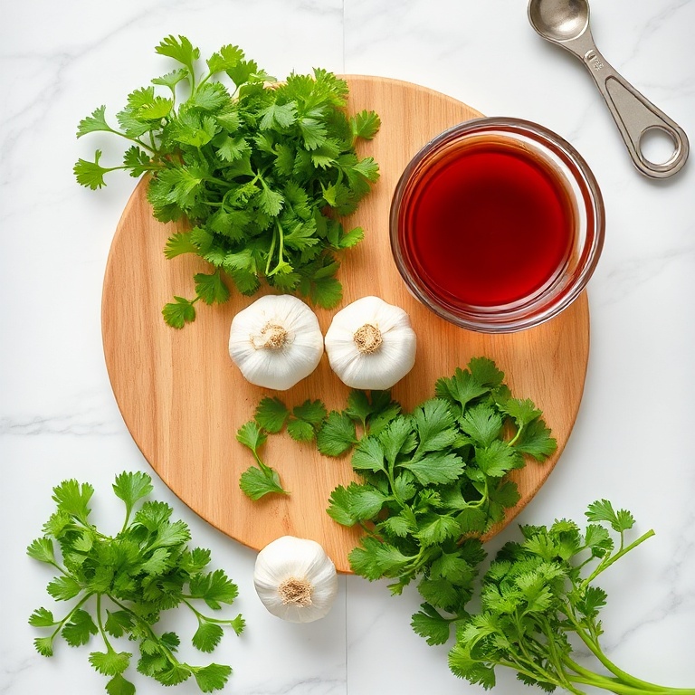 Fresh parsley, cilantro, garlic, red wine vinegar, and olive oil arranged on a wooden board