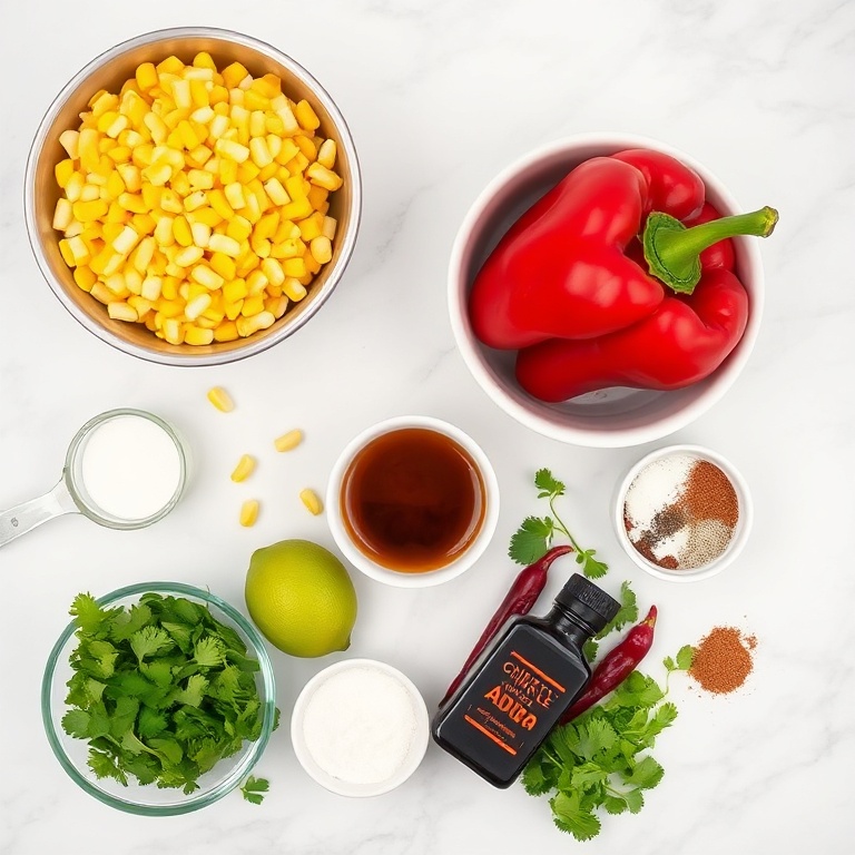 Raw ingredients for easy chipotle corn salsa on a white marble countertop
