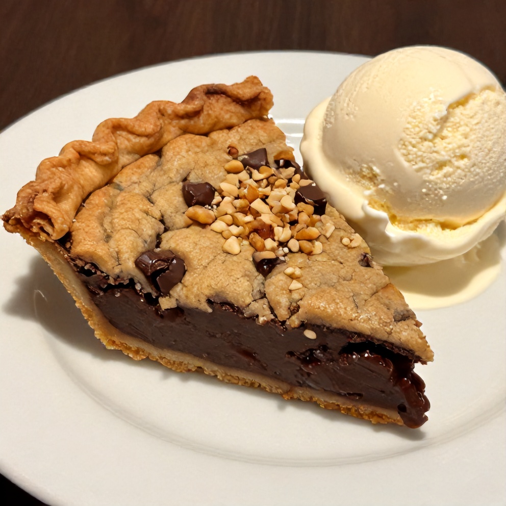 Chocolate Chip Cookie Pie on a dessert plate with a scoop of vanilla ice cream