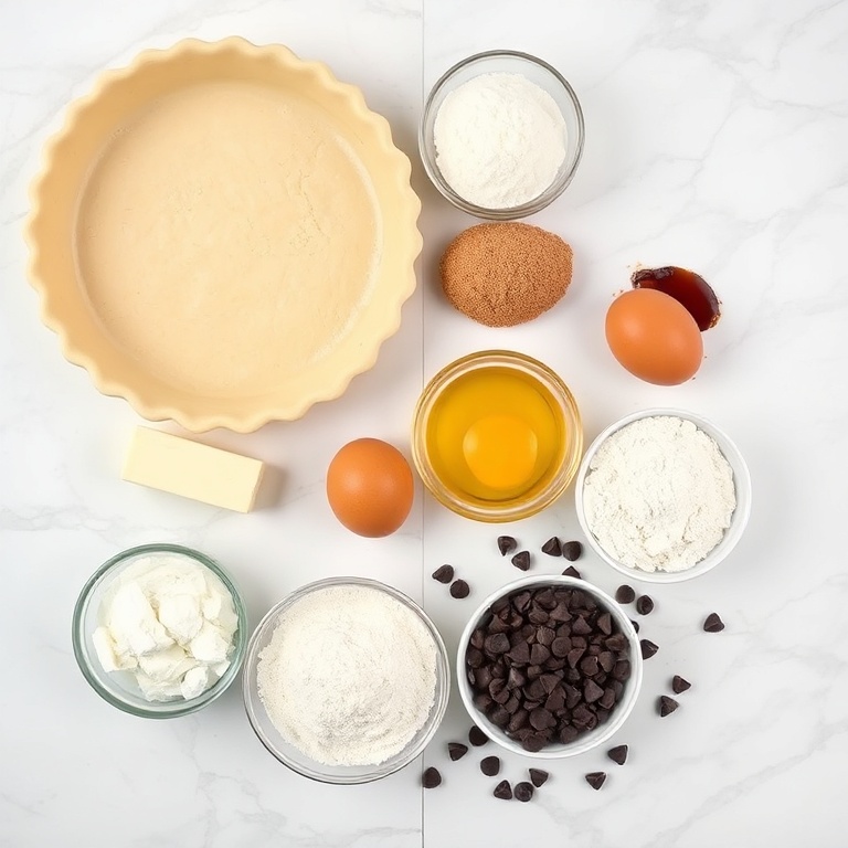 Chocolate Chip Cookie Pie ingredients on a marble counter