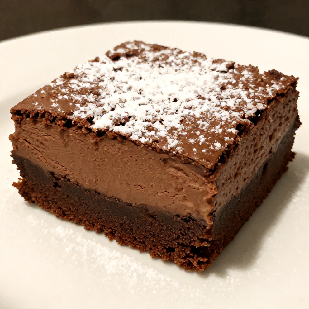 A single serving of Chocolate Mousse Brownies on a white plate