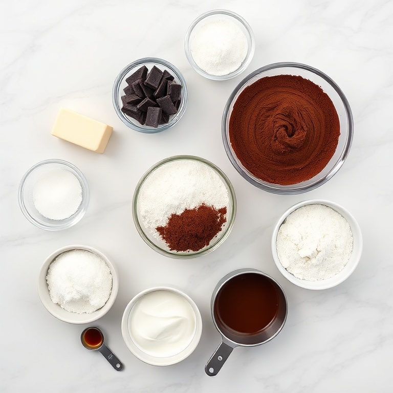 Raw ingredients for Chocolate Mousse Brownies arranged on a white marble surface