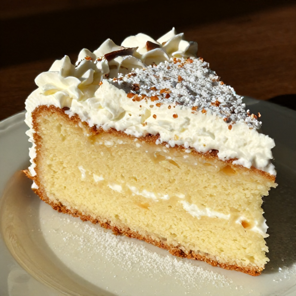 Coconut Milk Snack Cake sliced and served on a plate