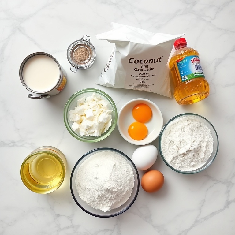 Ingredients for Coconut Milk Snack Cake on a marble counter