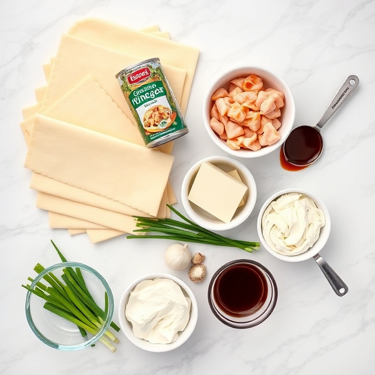 Raw ingredients for Crab Rangoon Pinwheels on a marble surface