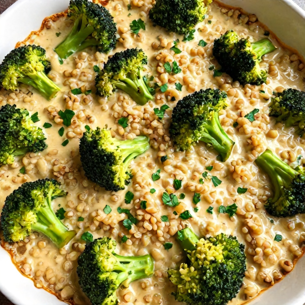 A serving of Creamy Broccoli Quinoa Bake on a plate, garnished with fresh parsley