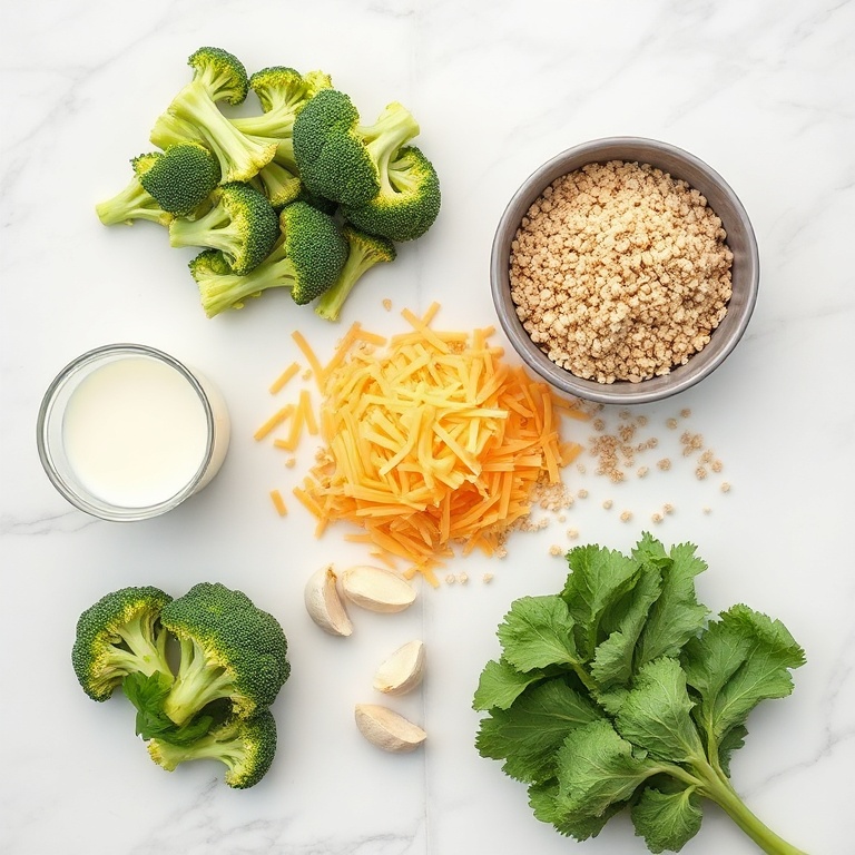 Raw ingredients for Broccoli Quinoa Bake: broccoli, quinoa, milk, cheese, garlic, breadcrumbs, arranged in a flat lay