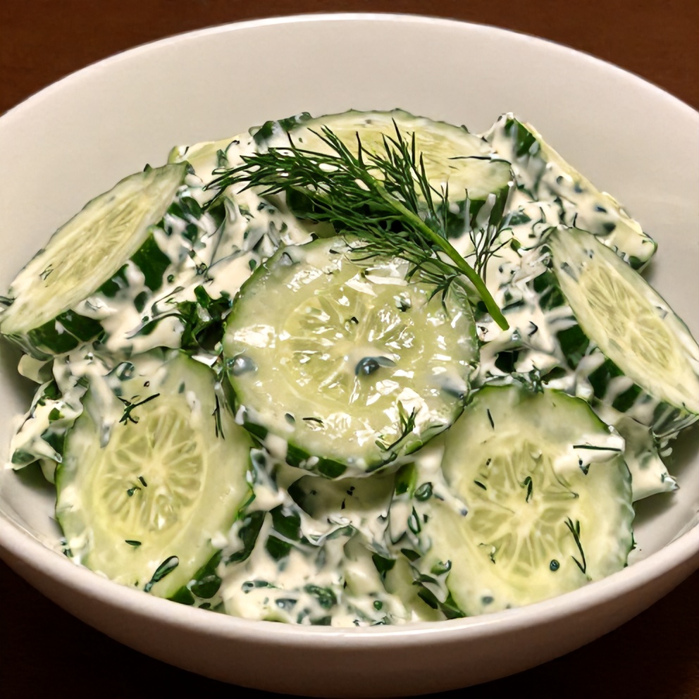 Plated Creamy Cucumber Salad with Fresh Dill