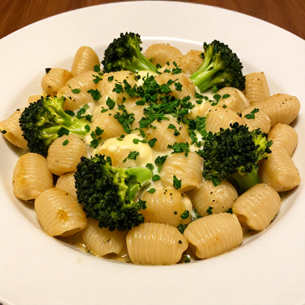 Plated Gnocchi Broccoli Bake with fresh parsley garnish, served in a shallow bowl
