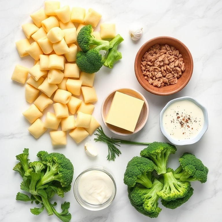 Raw ingredients for Gnocchi Broccoli Bake: gnocchi, broccoli, heavy cream, Parmesan, garlic, butter, salt, pepper