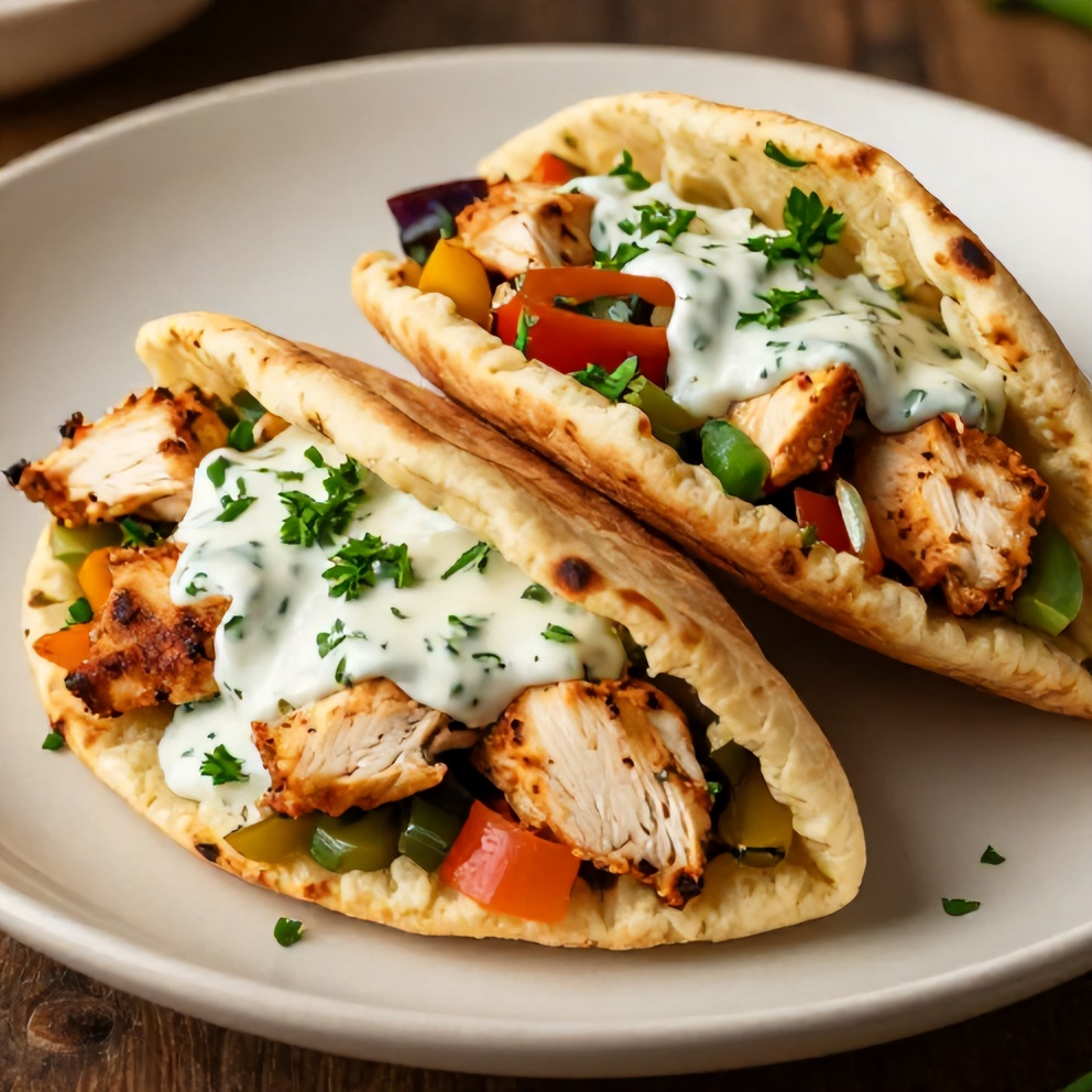 Plated sheet pan chicken pita with herby ranch sauce