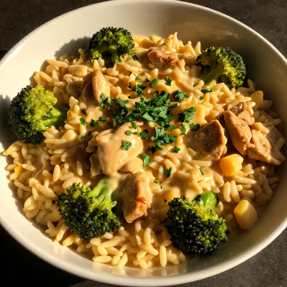 Crockpot Broccoli Cheddar Chicken and Rice Dinner Served