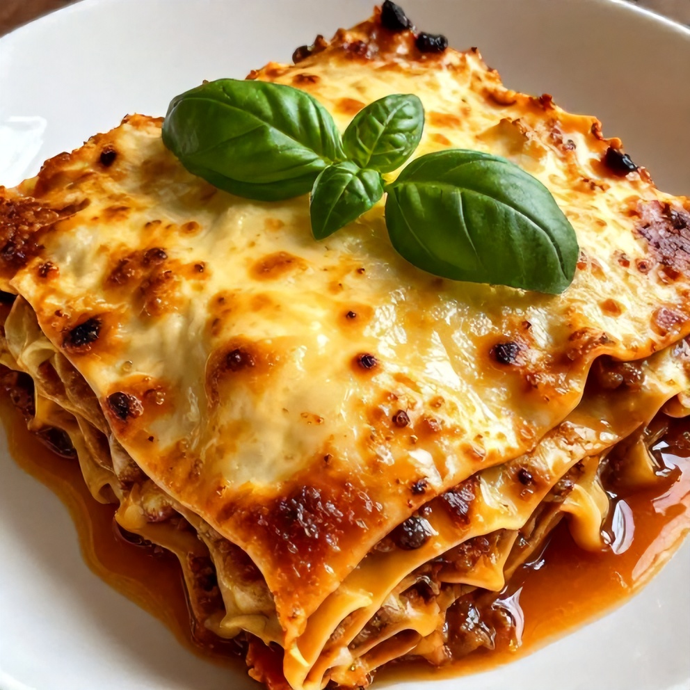 Plated serving of Easy Crockpot Lasagna with fresh basil