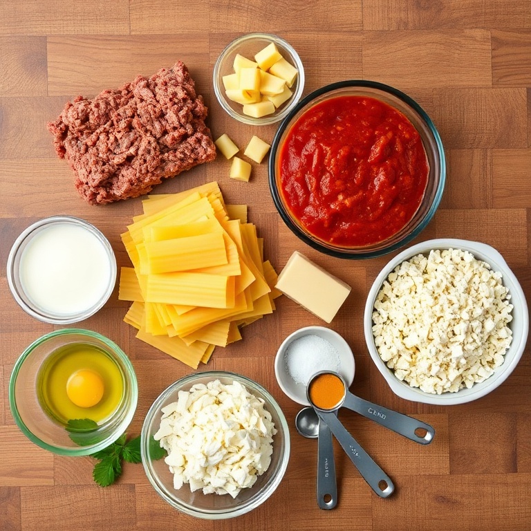 Raw ingredients for Easy Crockpot Lasagna on a wooden surface