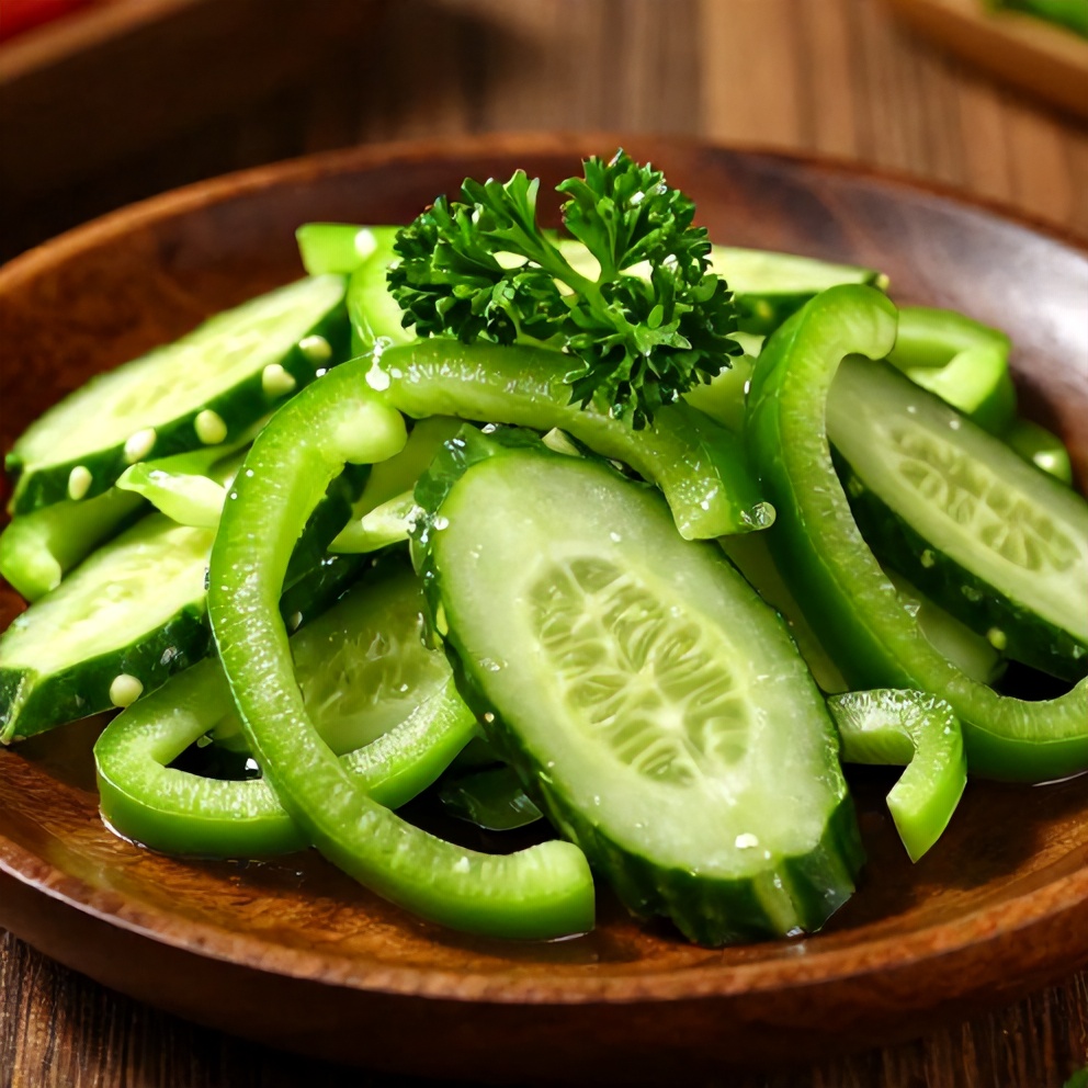 Plated cucumber sweet pepper salad with fresh parsley garnish