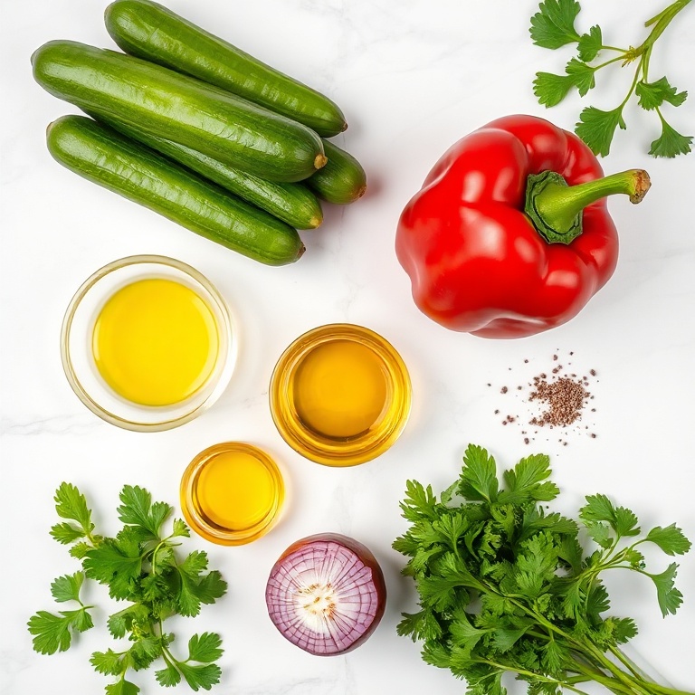Raw ingredients for cucumber sweet pepper salad: cucumbers, sweet peppers, red onions, parsley, olive oil, vinegar, salt, and pepper