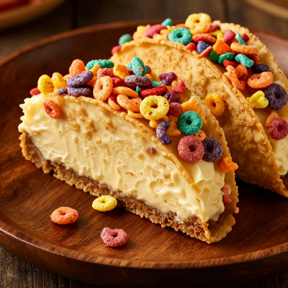 Fruity Pebbles Cheesecake Taco on a plate with a spoon