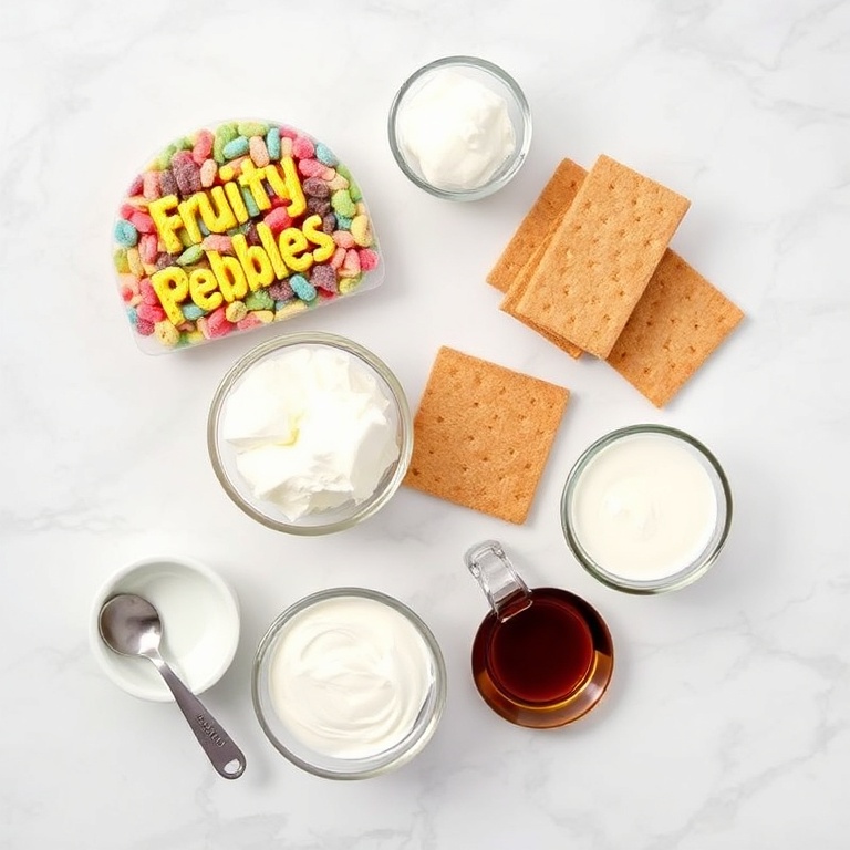 Fruity Pebles, graham crackers, cream cheese, sugar, and other ingredients laid out
