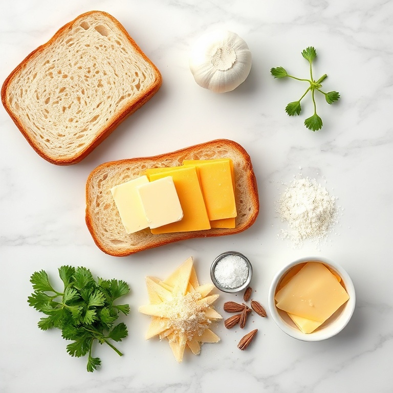 Raw ingredients for garlic bread grilled cheese sandwich on a marble surface