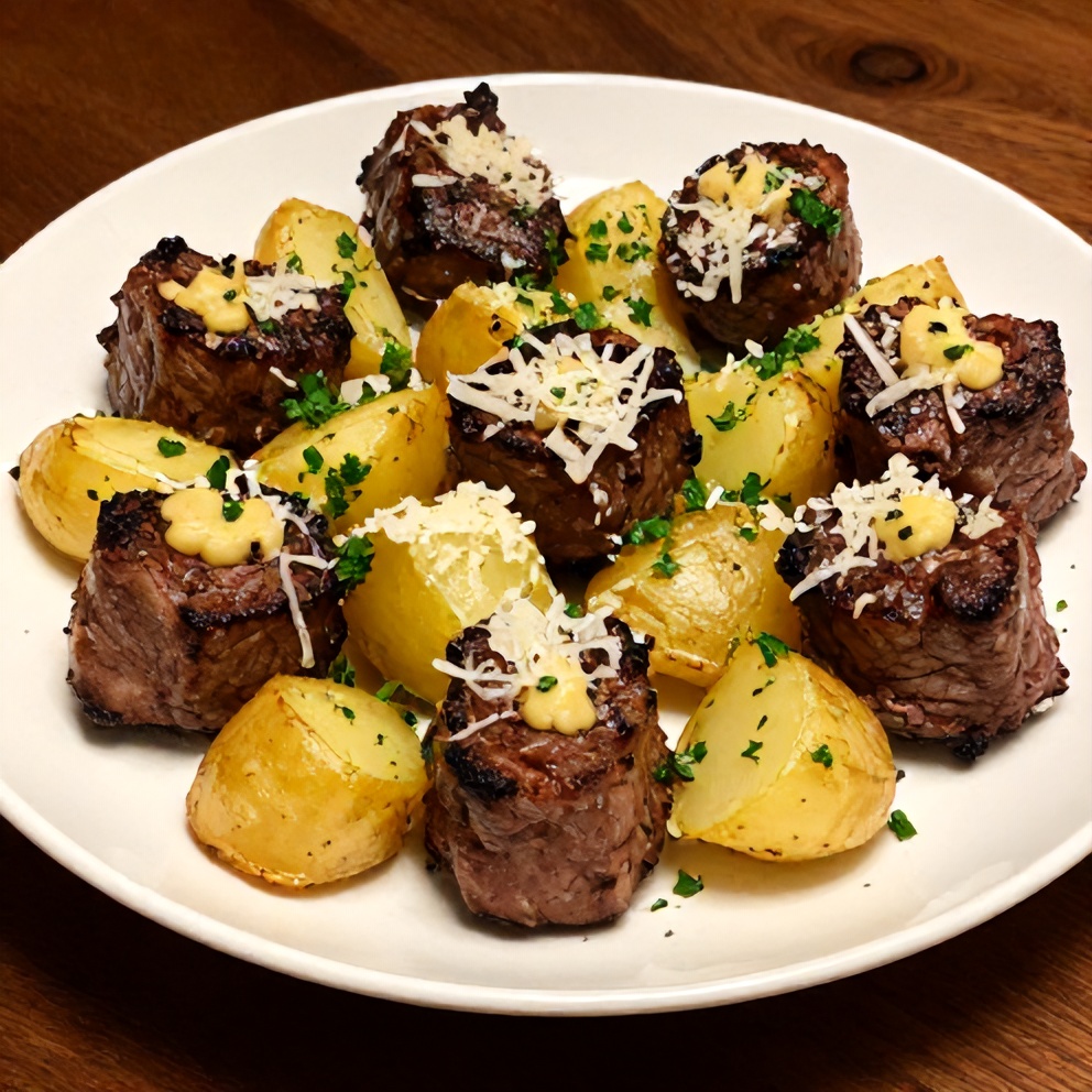 Plated garlic butter steak bites with potatoes