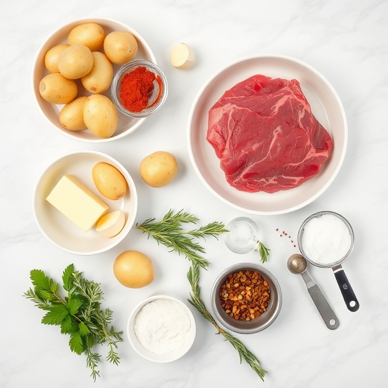 Raw ingredients for garlic butter steak bites with potatoes