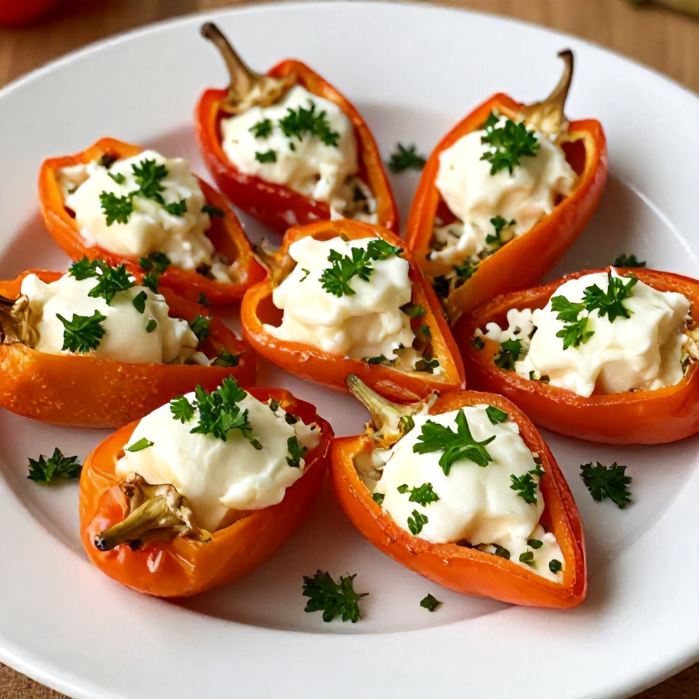Plated Goat Cheese Stuffed Mini Peppers with fresh parsley