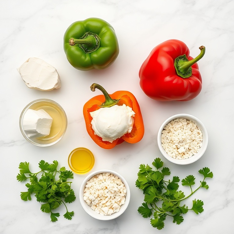 Raw ingredients for Goat Cheese Stuffed Mini Peppers on a marble surface
