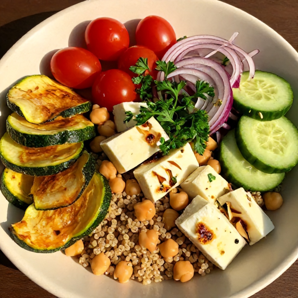 Greek Grain Bowl with Halloumi and Zucchini Crisps