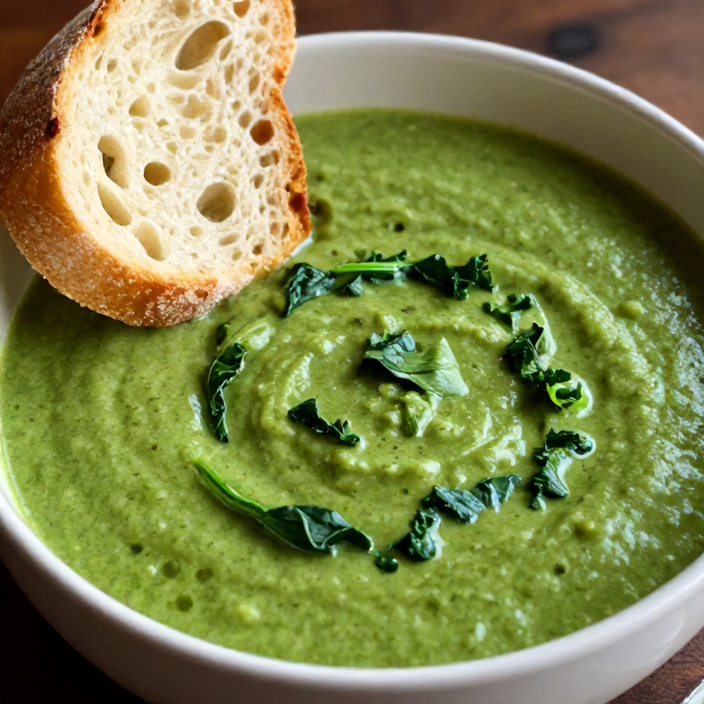 Bowl of Green Vegetable Soup with Crusty Bread