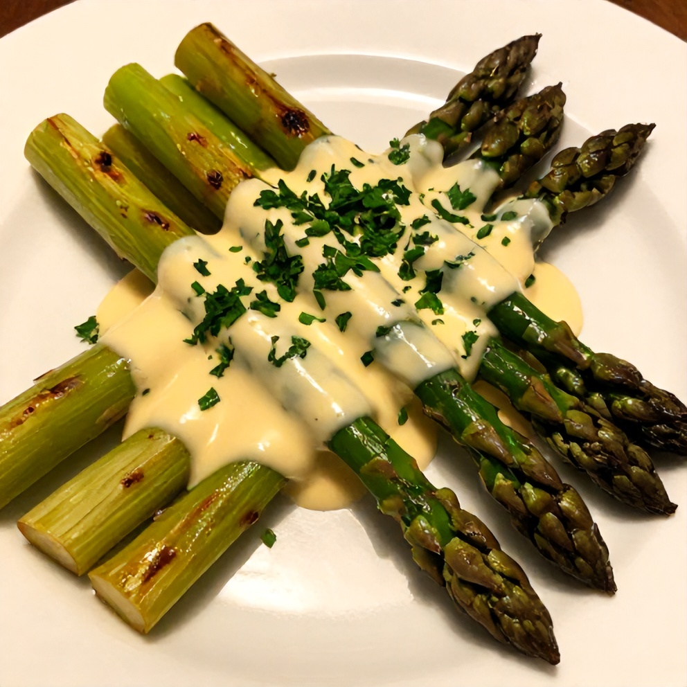 Plated grilled asparagus with tahini lemon sauce