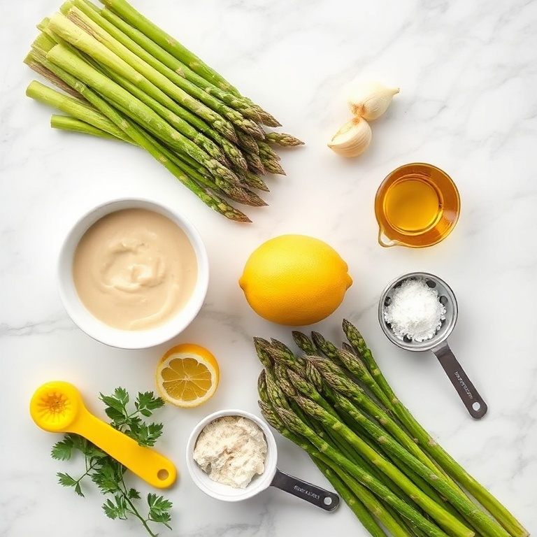 Raw ingredients for grilled asparagus with tahini lemon sauce