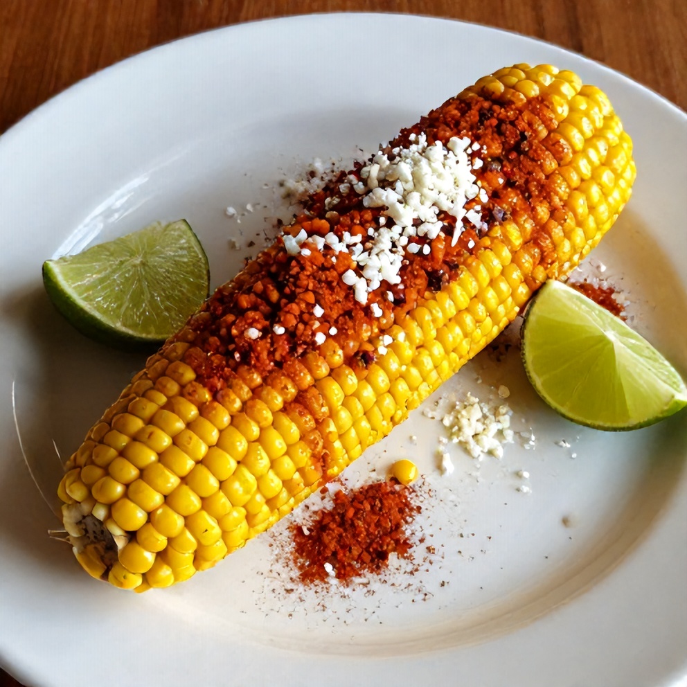 Plated Mexican Street Corn with chili powder, lime, and cotija cheese