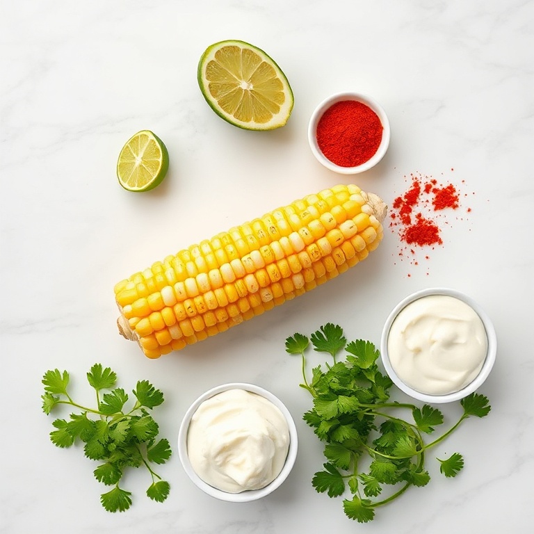 Raw ingredients for Mexican Street Corn: corn on the cob, chili powder, lime, cotija cheese, cilantro, and mayonnaise