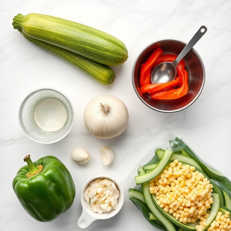 Raw ingredients for hibachi zucchini stir fry on a white marble surface