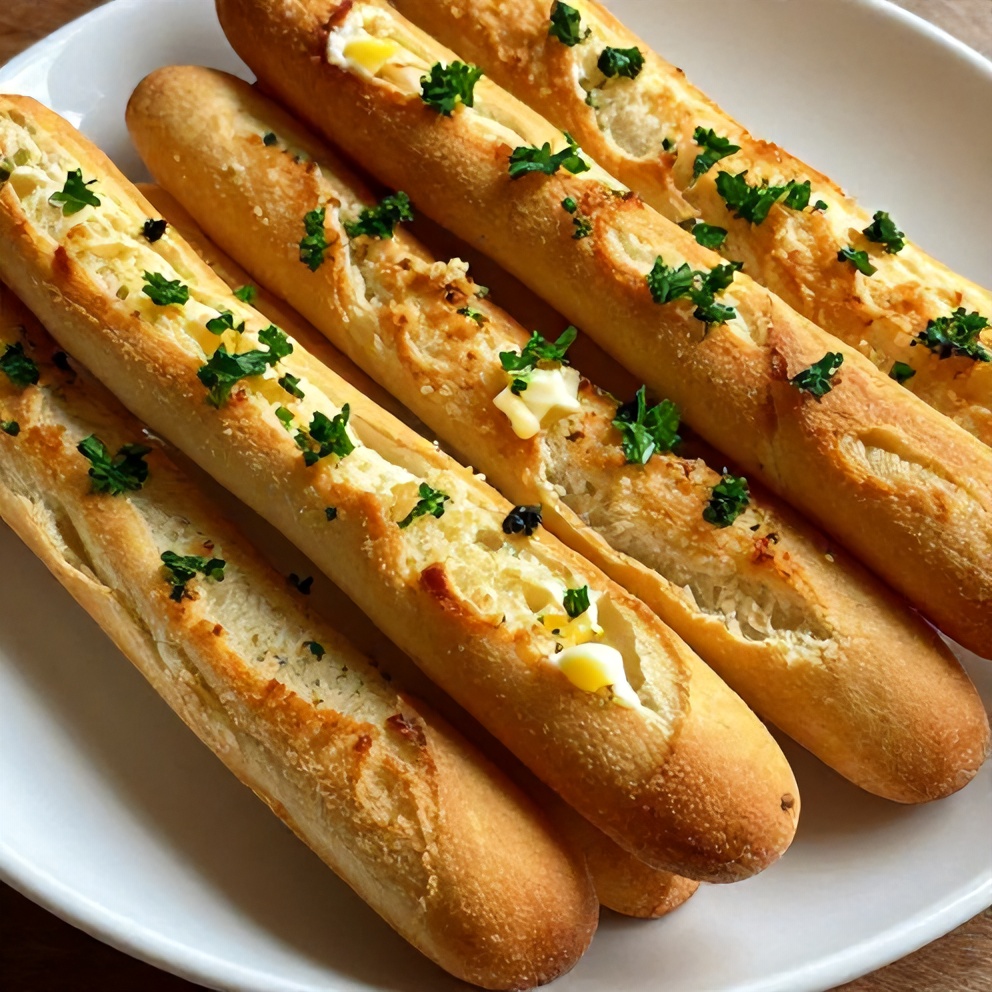 Plated breadsticks with garlic butter and parsley