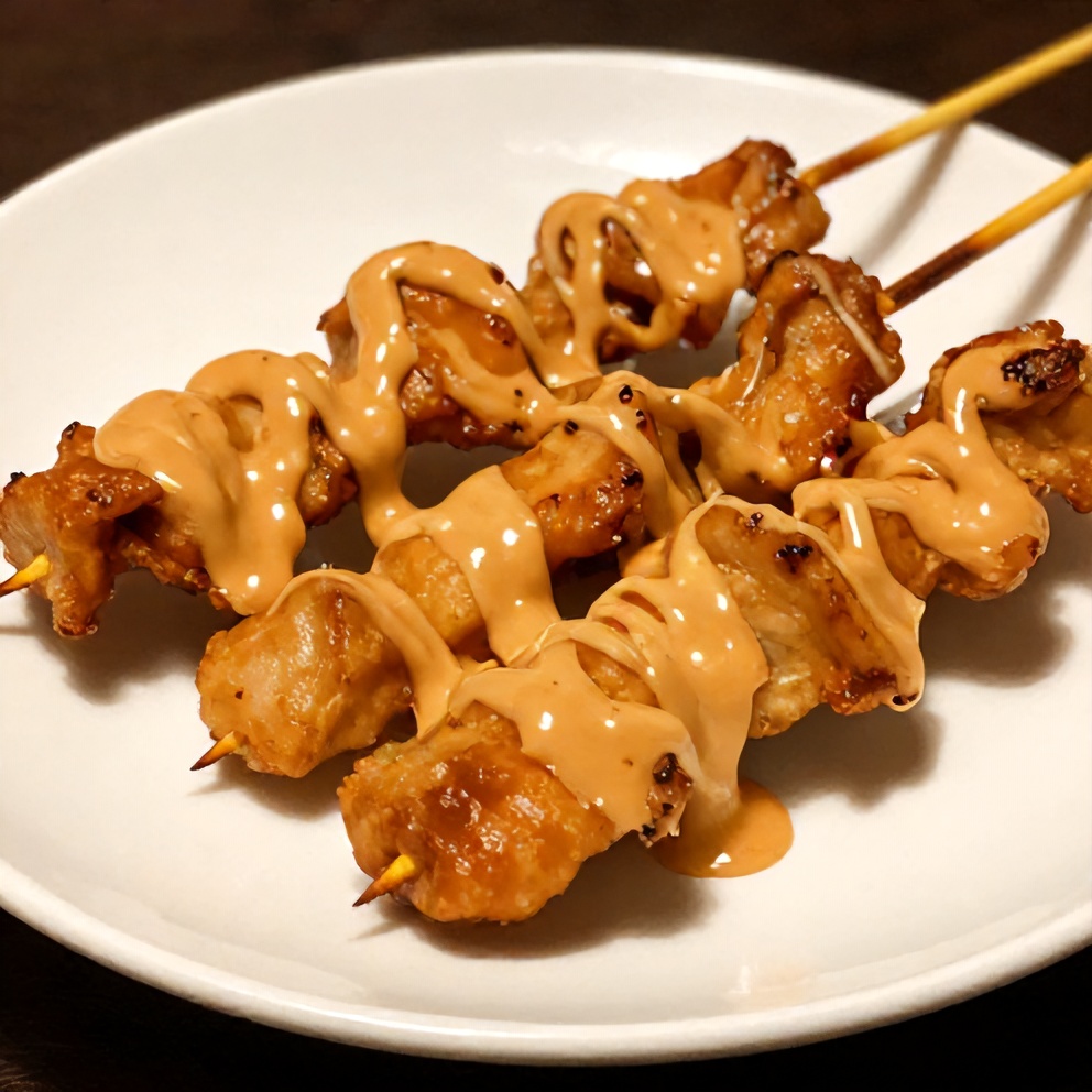 Peanut sauce drizzled over chicken satay on a plate