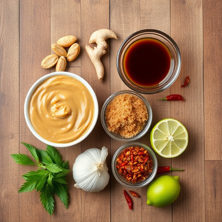 Raw ingredients for homemade peanut sauce laid out on a wooden surface