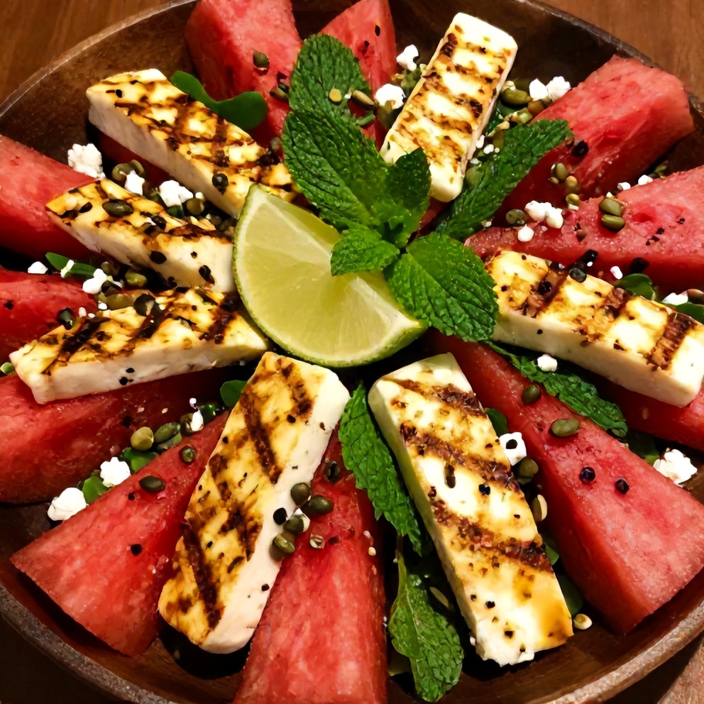 Plated keto watermelon salad with halloumi, fresh mint, and lime dressing