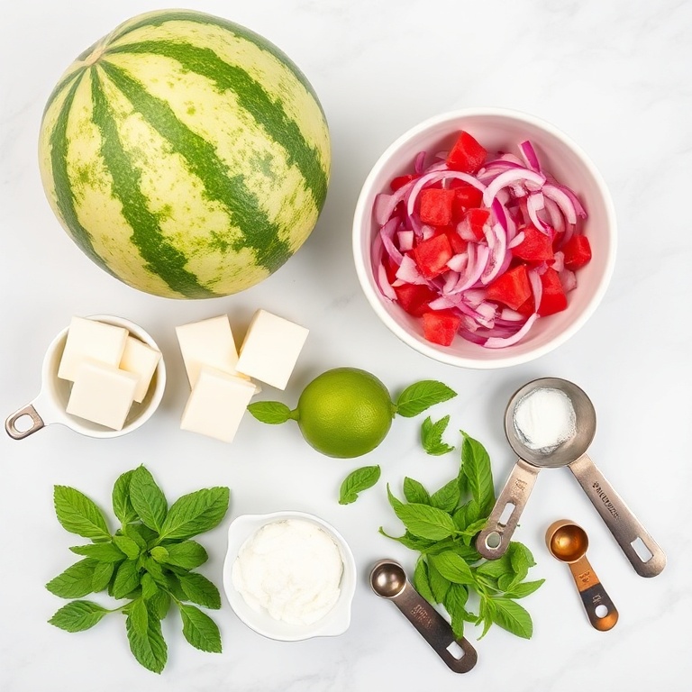 Ingredients for keto watermelon salad with halloumi and fresh mint