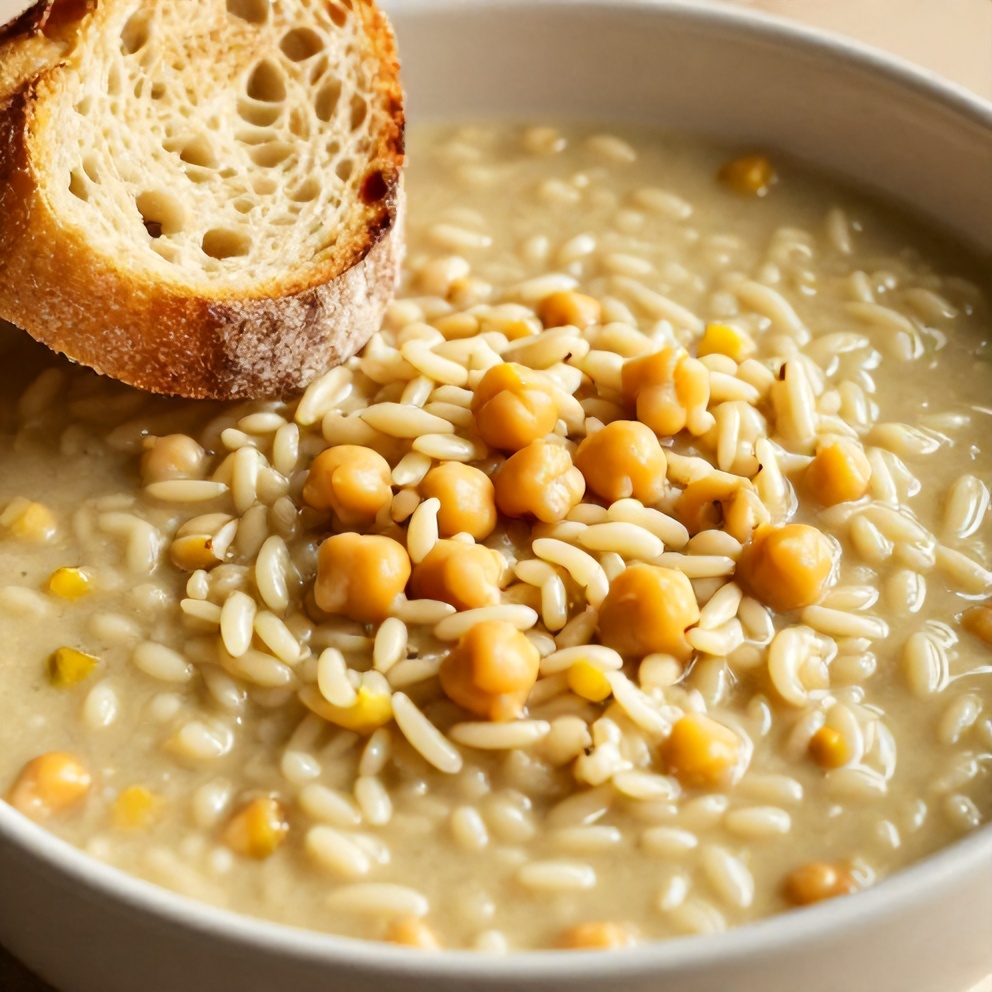 Bowl of Lemon Chickpea Orzo Soup with a side of crusty bread