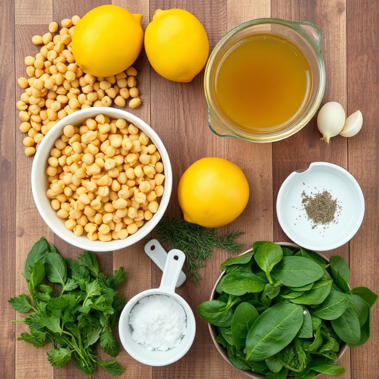 Raw ingredients for Lemon Chickpea Orzo Soup on a wooden surface