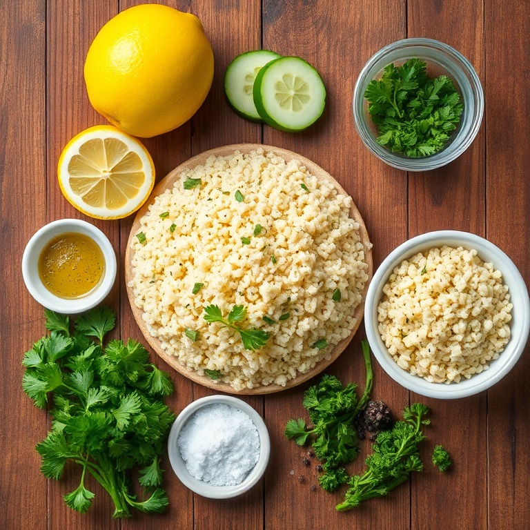 Lemon, cucumber, couscous, and other ingredients laid out on a wooden surface